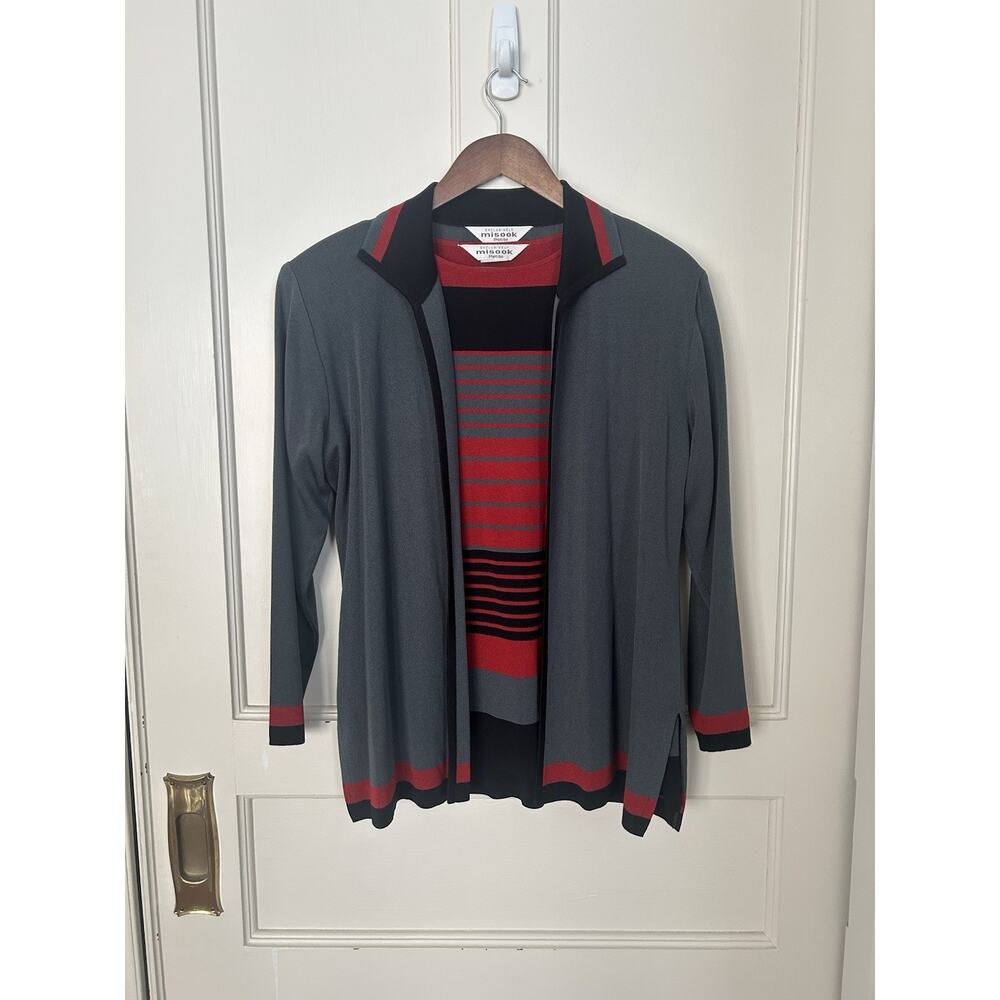 Exclusively Misook Striped 2 Piece Cardigan Set Womens Size MP Red Gray Classic